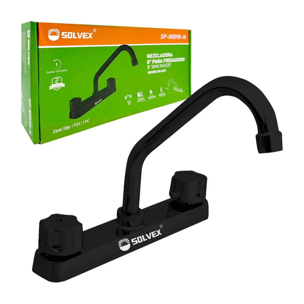 [SP-80090-N] MEZCLADORA PARA FREGADERO 8" maneral de zinc de vuelta completa, cuerpo de latón, cierre de compresión, cartucho de latón, cuello de acero inoxidable,cubierta de acero inoxidable, acabado negro mate.