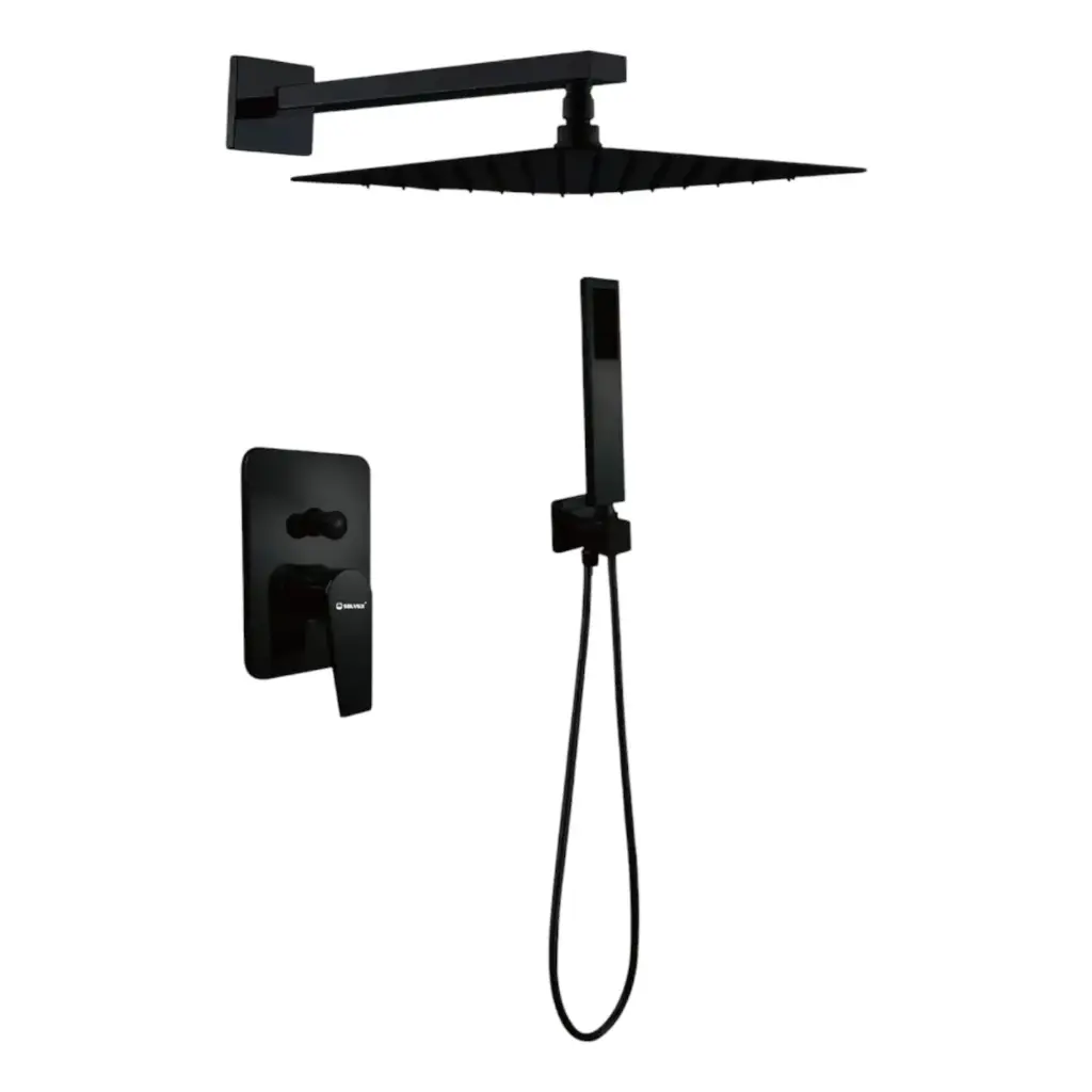 JUEGO DE MONOMANDO, CUERPO DE LATON, REGADERA CUADRADA DE 8" DE ACERO INOXIDABLE, BRAZO DE ACERO INOXIDABLE DE 40 CM., CUBIERTA DE ACERO INOXIDABLE DE 18 CM X 12 CM, REGADERA DE TELÉFONO DE ACERO INOXIDABLE, MANGUERA FLEXIBLE DE ACERO INOXIDABLE DE 1.5 M., CARTUCHO CERÁMICO DE SUAVE APERTURA, MANERAL DE ZINC, CHAPETON DE ACERO INOXIDABLE, CONEXIONES ROSCABLES DE 1/2", ACABADO NEGRO