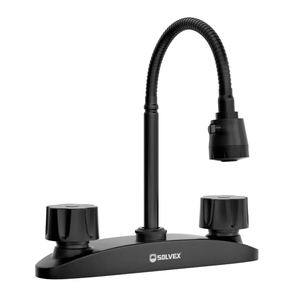 [SP-80062-N] MEZCLADORA PARA FREGADERO 8" maneral de zinc de vuelta completa, cuerpo de latón, cartucho de latón, cuello flexible de acero inoxidable con doble función (riego o chorro),selector de chorro, cubierta de acero inoxidable, acabado negro mate. SP-80062-N