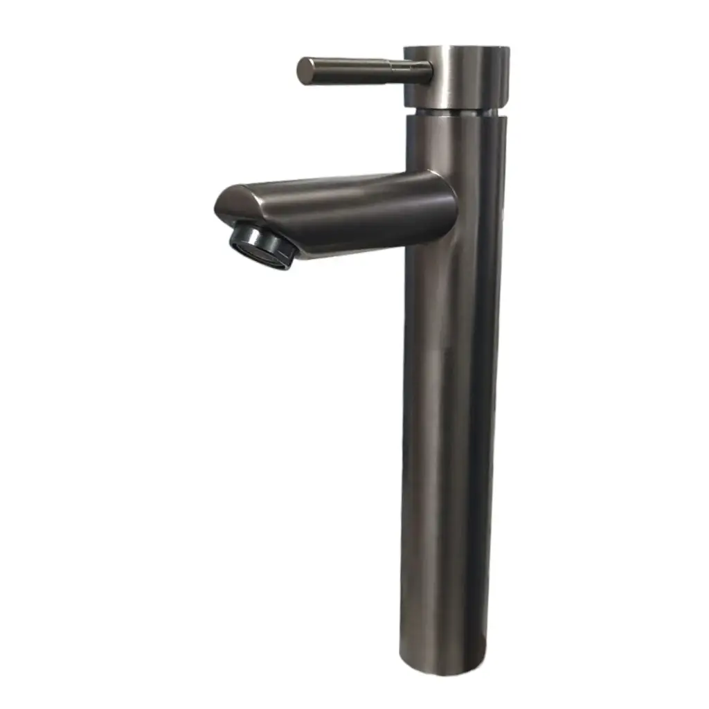 [SP-10032-G] MONOMANDO PARA LAVABO cuerpo, cuello y maneral de acero inoxidable,cartucho cerámico de suave apertura, con flujo fijo, acabado color gris, 30cm de altura. Con mangueras flexibles de aluminio (calor y frio).