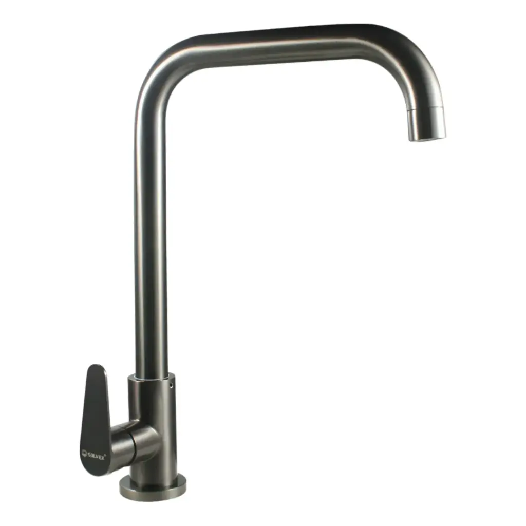 [SP-31602-G] MONOMANDO PARA FREGADERO cuerpo y cuello de acero inoxidable, cartucho cerámico de suave apertura, maneral de zinc, para agua fría con flujo fijo, acabado color gris, 32cm de altura.