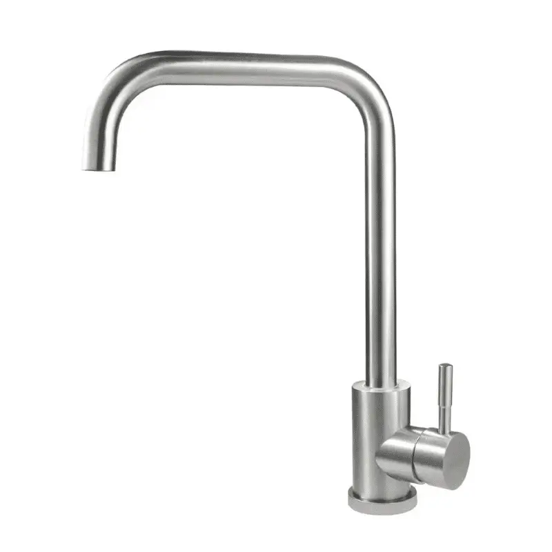 [SP-10021-1] MONOMANDO PARA FREGADERO cuerpo, cuello y maneral de acero inoxidable, cartucho cerámico de suave apertura, con flujo fijo, acabado níquel satinado, 32cm de largo y 8.3cm de base, con cubierta de acero inoxidable de 8". Con mangueras flexibles de aluminio (calor y frio).