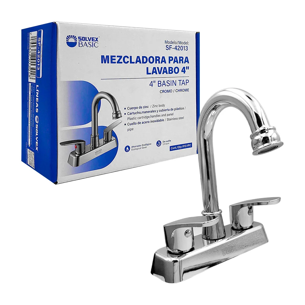 [SF-42013] MEZCLADORA DE LAVABO 4" Cuerpo de zinc,Cartucho,manerales y cubierta de plástico Cuello de acero inoxidable (Φ19×280mm) Cierre de cerámico (90°) Acabado cromado