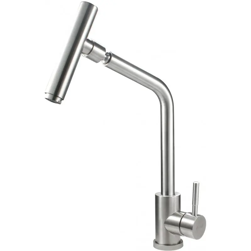 [SP-10026] MONOMANDO PARA FREGADERO cuerpo, cuello y maneral de acero inoxidable, cartucho cerámico de suave apertura, con flujo fijo, salida de 360° orientaciones, acabado níquel satinado, cuello 35cm de largo y 8.5cm de base. Con mangueras flexibles de aluminio (calor y frio).