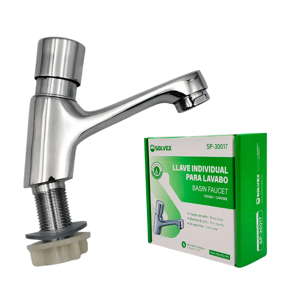 [SP-30017] LLAVE INDIVIDUAL PARA LAVABO, cuerpo de latón, cartucho cerámico de suave apertura, con flujo fijo de agua fría, acabado cromado.