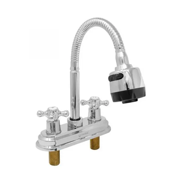 [SP-40065] MEZCLADORA DE LAVABO 4" vuelta completa, cuerpo de latón, cubierta de plástico, maneral de plástico, cuello flexible de acero inoxidable con doble función (riego o chorro), cierre de compresión, acabado cromo espejo .