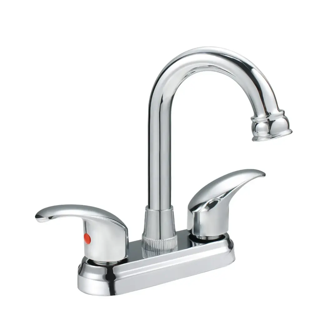 [SP-40067] MEZCLADORA DE LAVABO 4" 1/4 de vuelta, cuerpo de latón, cubierta de plástico, maneral de zinc, cuello de acero inoxidable, cierre cerámico (90°), acabado cromo espejo.