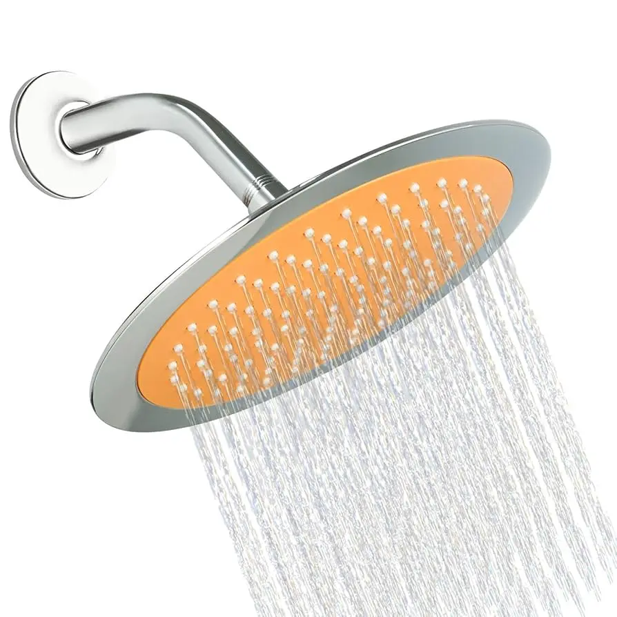 [SP-50009] REGADERA REDONDA 10" cuerpo de plástico, sin brazo, nudo de cobre, acabado naranja con cromo espejo.