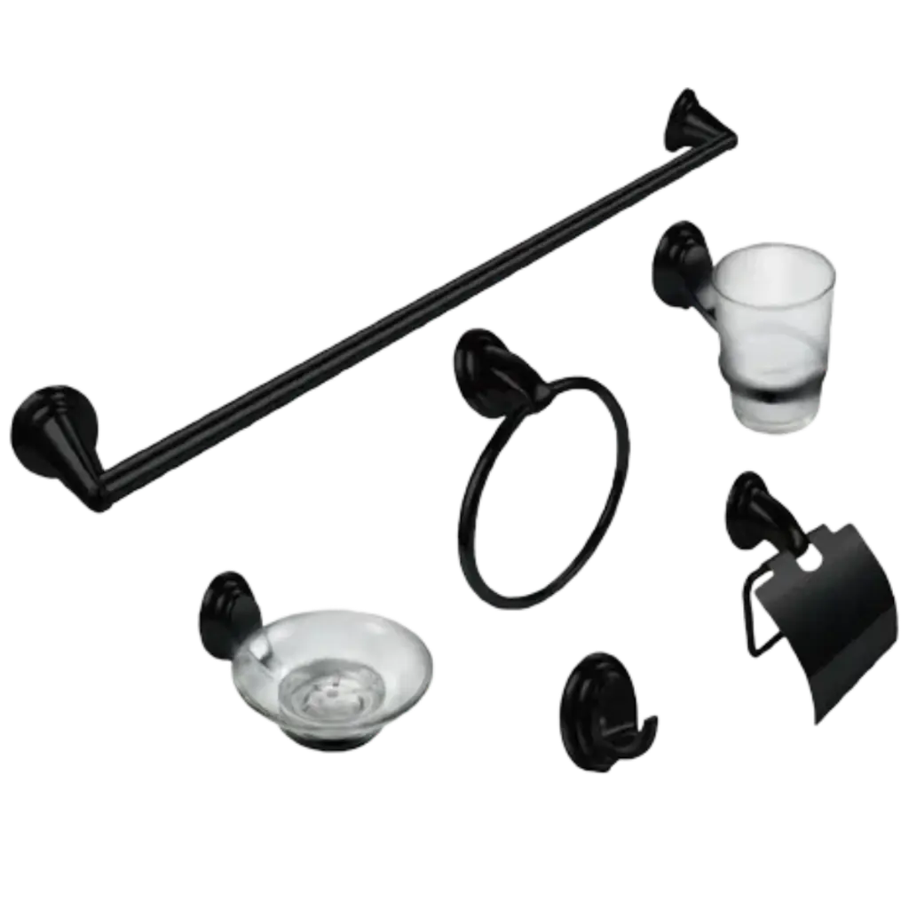 [SP-60006-N] JUEGO DE ACCESORIOS Fabricado en zinc y acero inoxidable, acabado negro mate, 6 piezas.