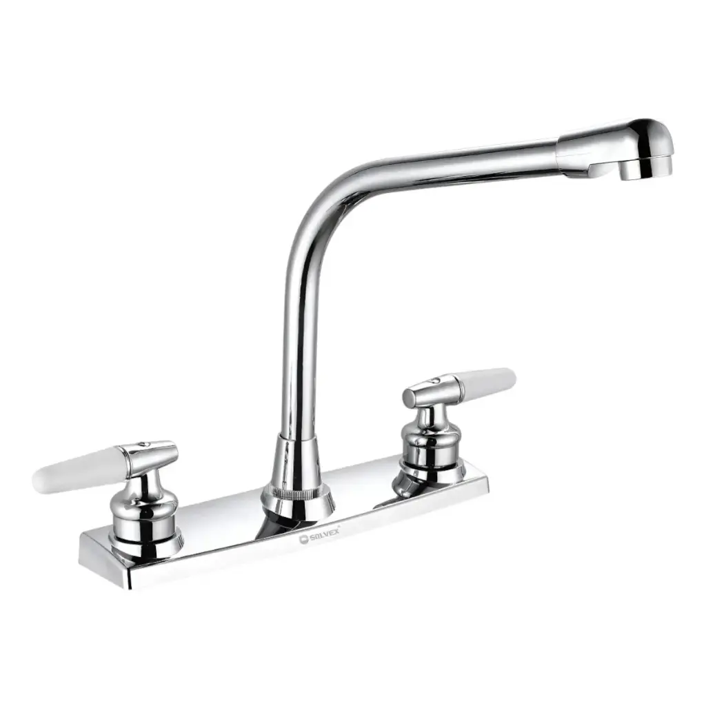 [SP-80004-1] MEZCLADORA PARA FREGADERO 8" maneral de plástico de 1/4 de vuelta, cuerpo de latón, cubierta de plástico, cuello de acero inoxidable, cierre cerámico (90°), acabado cromo espejo.