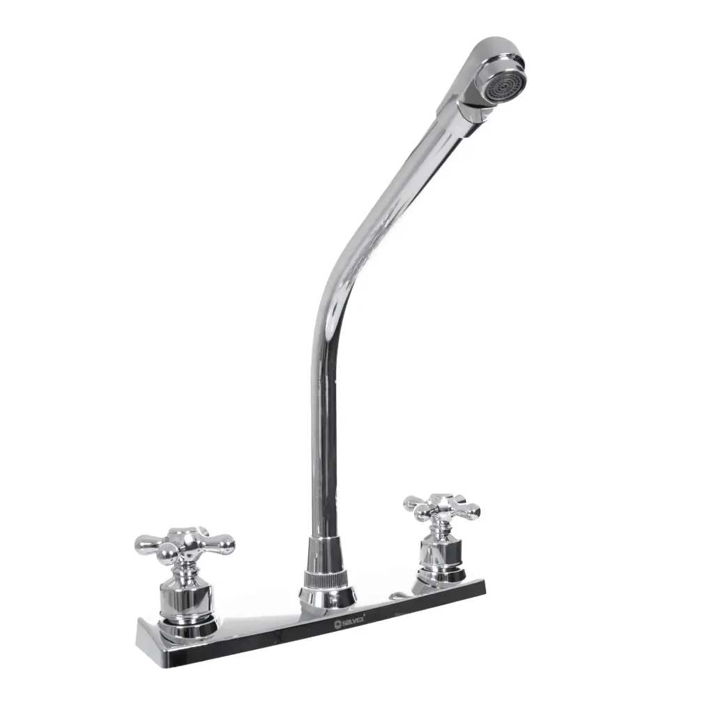 [SP-80021] MEZCLADORA PARA FREGADERO 8" maneral de zinc de vuelta completa, cuerpo de latón, cubierta de plástico, cuello de acero inoxidable,cartucho de latón, cierre de compresión, acabado cromo espejo.