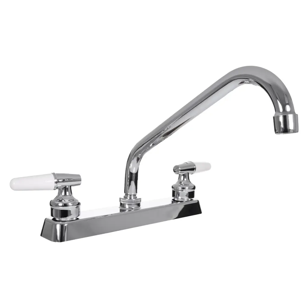[SP-80042-2] MEZCLADORA PARA FREGADERO 8" maneral de plástico de 1/4 de vuelta, cuerpo de zinc, cubierta de plástico, cuello de acero inoxidable, cierre cerámico (90°), acabado cromo espejo.