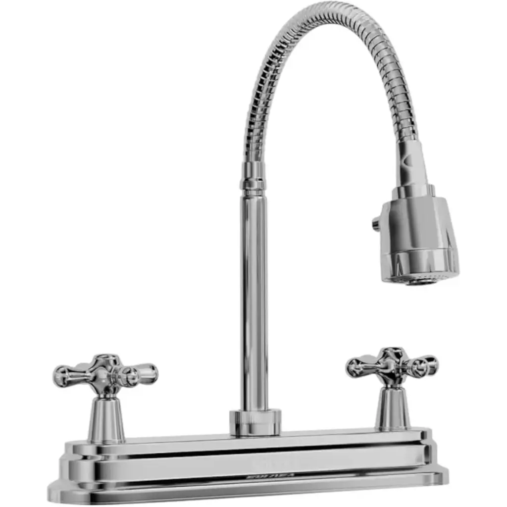 [SP-80060] MEZCLADORA PARA FREGADERO 8" maneral de zinc de vuelta completa, cuerpo de latón, cubierta de plástico, cuello flexible de acero inoxidable con doble función (riego o chorro), cierre de compresión, acabado cromo espejo.