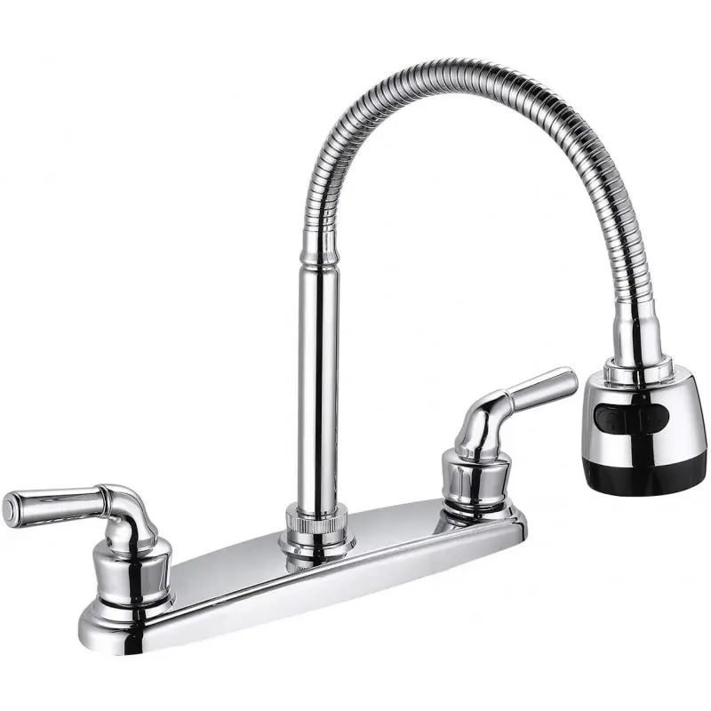 [SP-80067] MEZCLADORA PARA FREGADERO 8" maneral de zinc de 1/4 de vuelta, cuerpo de latón, cubierta de plástico, cuello flexible de acero inoxidable con doble función (riego o chorro), cierre cerámico (90°), acabado cromo espejo.