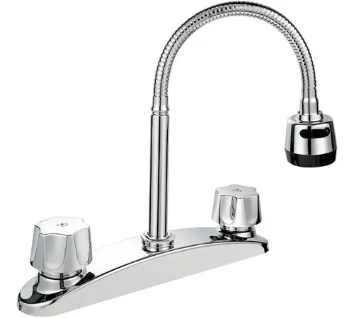 [SP-80201] MEZCLADORA PARA FREGADERO 8" manerales plásticos de vuelta completa, cuerpo y cuello de acero inoxidable, cartucho de latón, cubierta de plástico, mide 46cm.