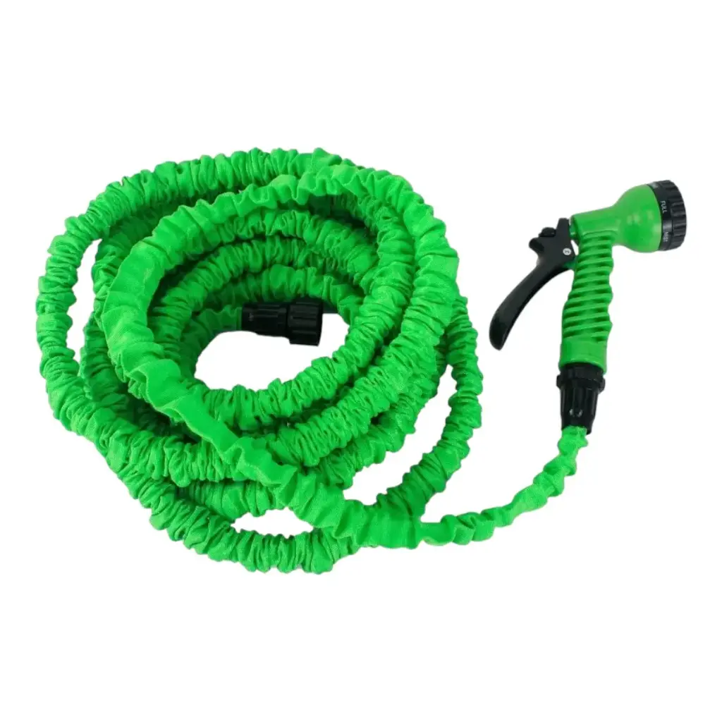 [SW-99001008] MANGUERA DE RIEGO EXPANDIBLE Se extiende con la presión del agua,triplicando su longitud se retrae,al cerrar el paso del agua,ocupando poco espacio Fabricada en látex y cubierta en poliéster antirrasgaduras Elástica,Incluye: Pistola de riego con 7 mandos de 15 m
