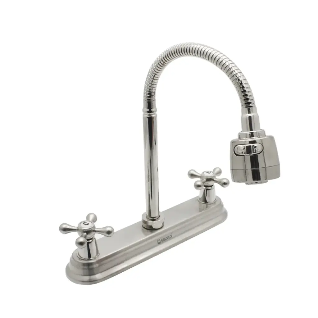 [SP-40065-2] MEZCLADORA DE LAVABO 4" vuelta completa, cuerpo de latón, cubierta de plástico, maneral de plástico, cuello flexible de acero inoxidable con doble función (riego o chorro), cierre de compresión, acabado cromo SATIN .